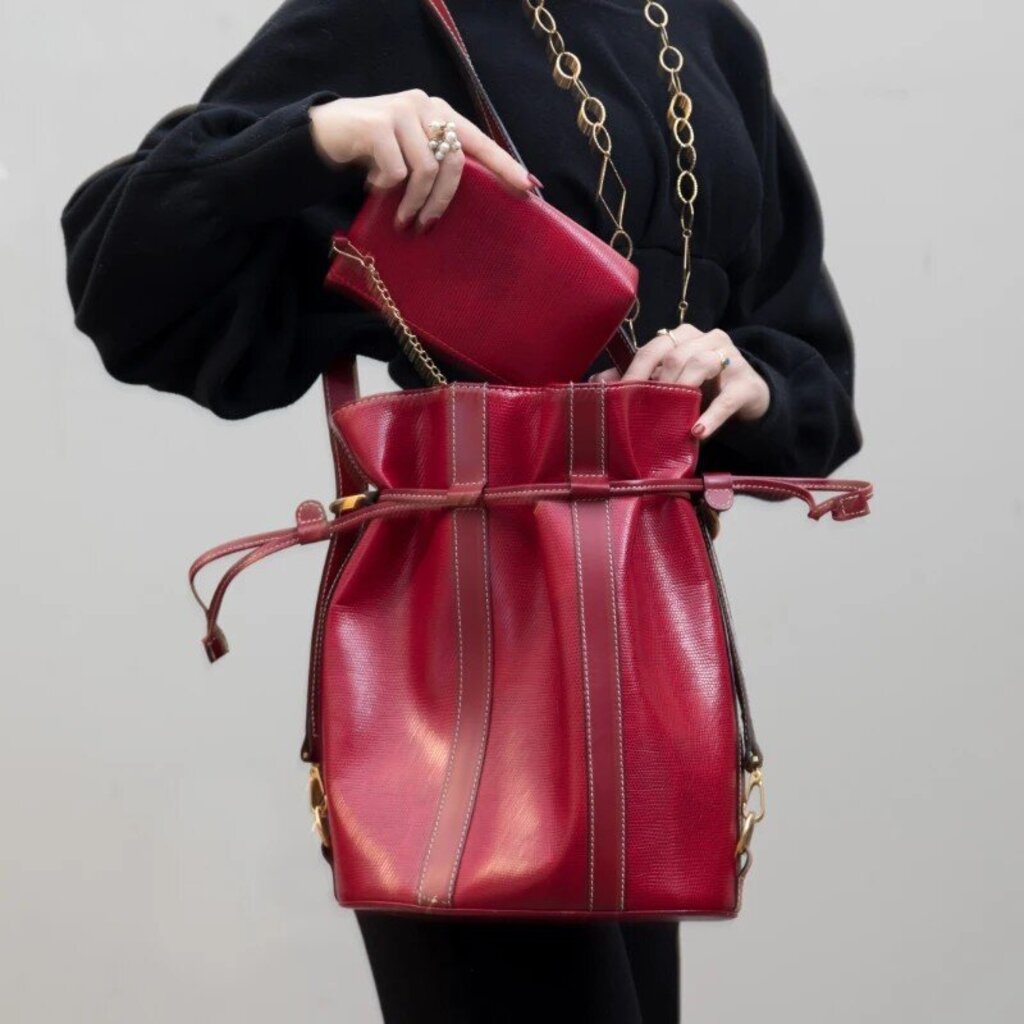 Lancel Red Elsa Sellier Bucket Bag W/ Pouch