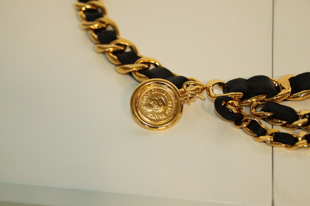 Vintage Chanel Three-Row Black Leather And Gold-Plated Chain Belt With A Medallion Charm - 90 CM
