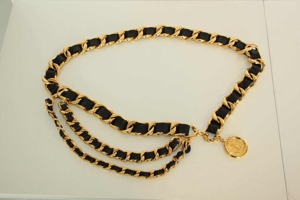 Vintage Chanel Three-Row Black Leather And Gold-Plated Chain Belt With A Medallion Charm - 90 CM