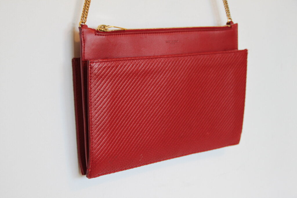 Saint Laurent Red Leather Pouch with Gold-Tone Chain Strap