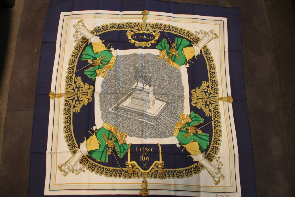 Hermes Dk Blue Pave Du Roy Vintage Silk Scarf- 90cm