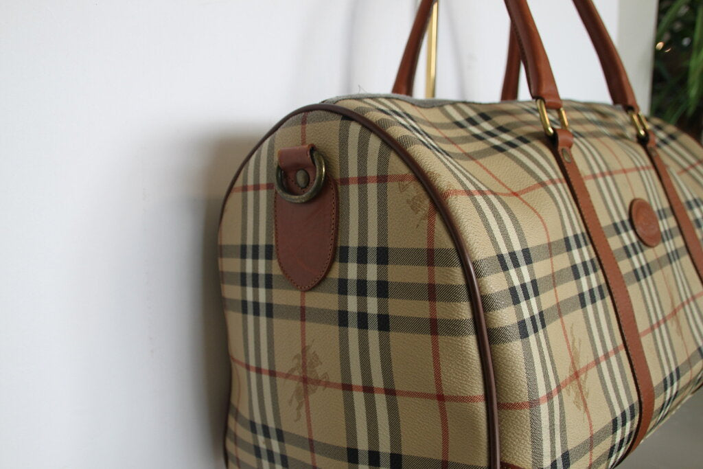 Burberry Nova Check PVC Leather Boston Travel Luggage Bag W Strap