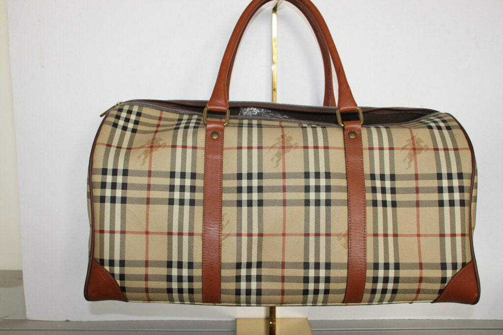 Burberry Nova Check PVC Leather Boston Travel Luggage Bag W Strap