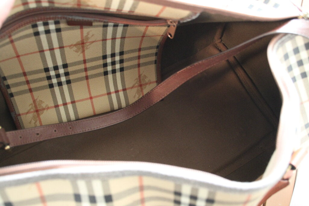 Burberry Nova Check PVC Leather Boston Travel Luggage Bag W Strap