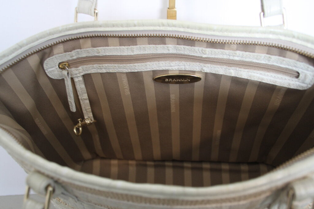 Brahmin Mini Asher Tan Cream Raffia Crocodile-Embossed Leather Tote Bag