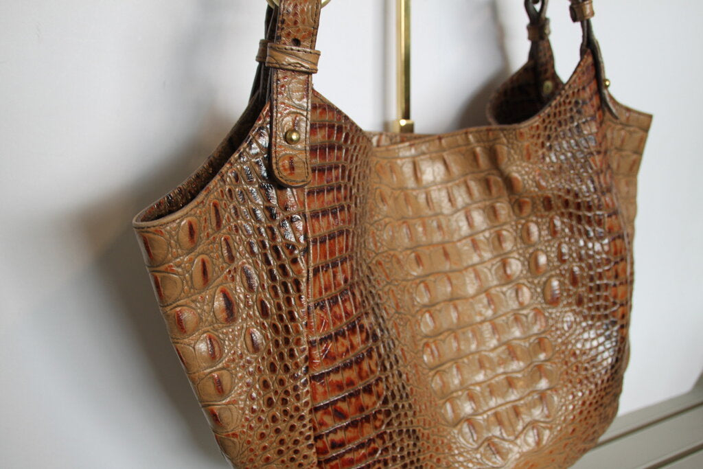 Brahmin Jackie Croc-Embossed Leather Tote Shoulder Handbag - Toasted Almond