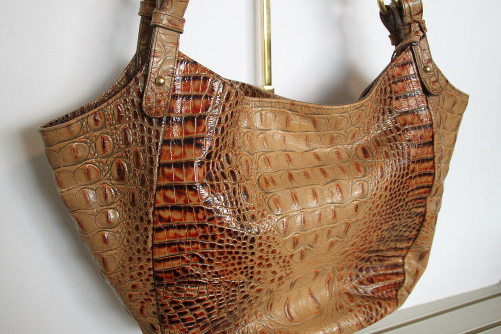 Brahmin Jackie Croc-Embossed Leather Tote Shoulder Handbag - Toasted Almond