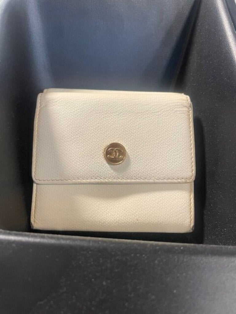Chanel Coco Button Beige Leather Trifold Compact Wallet