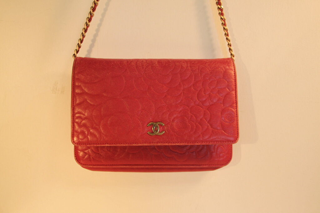 Chanel Camellia Red Lambskin Wallet On Chain