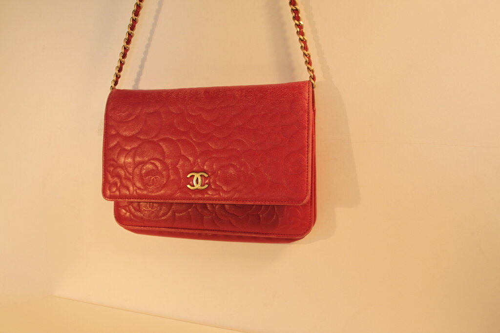 Chanel Camellia Red Lambskin Wallet On Chain