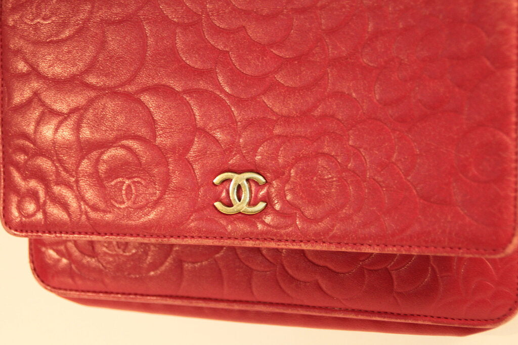 Chanel Camellia Red Lambskin Wallet On Chain