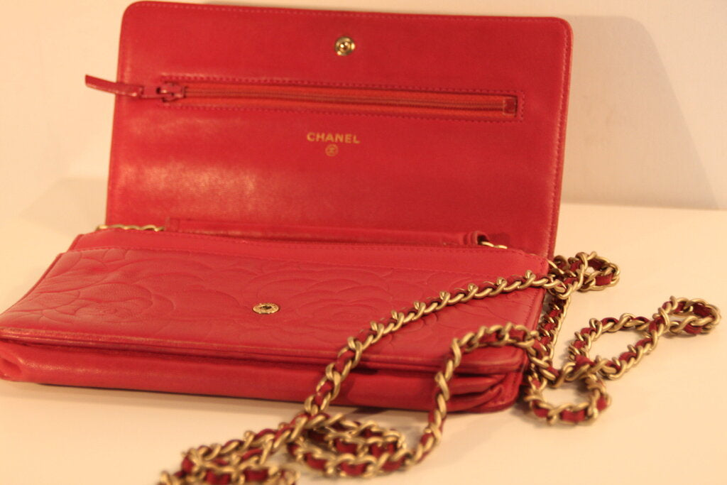 Chanel Camellia Red Lambskin Wallet On Chain