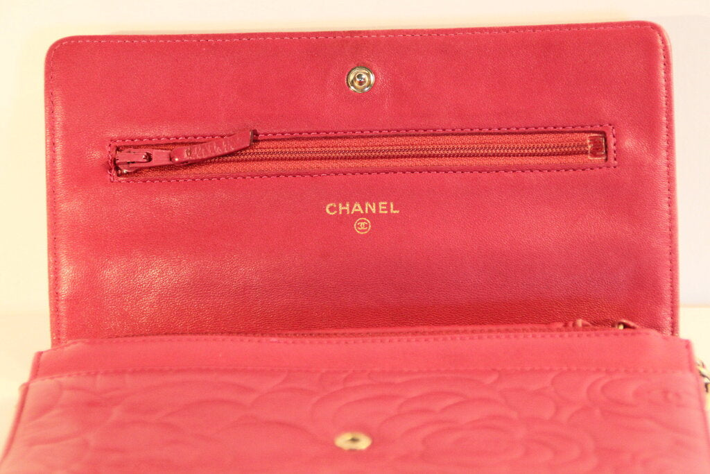 Chanel Camellia Red Lambskin Wallet On Chain