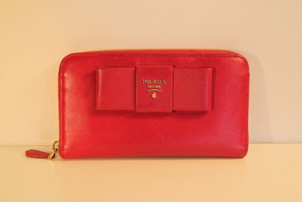 Prada Saffiano Pink Leather Bow Zip Around Wallet
