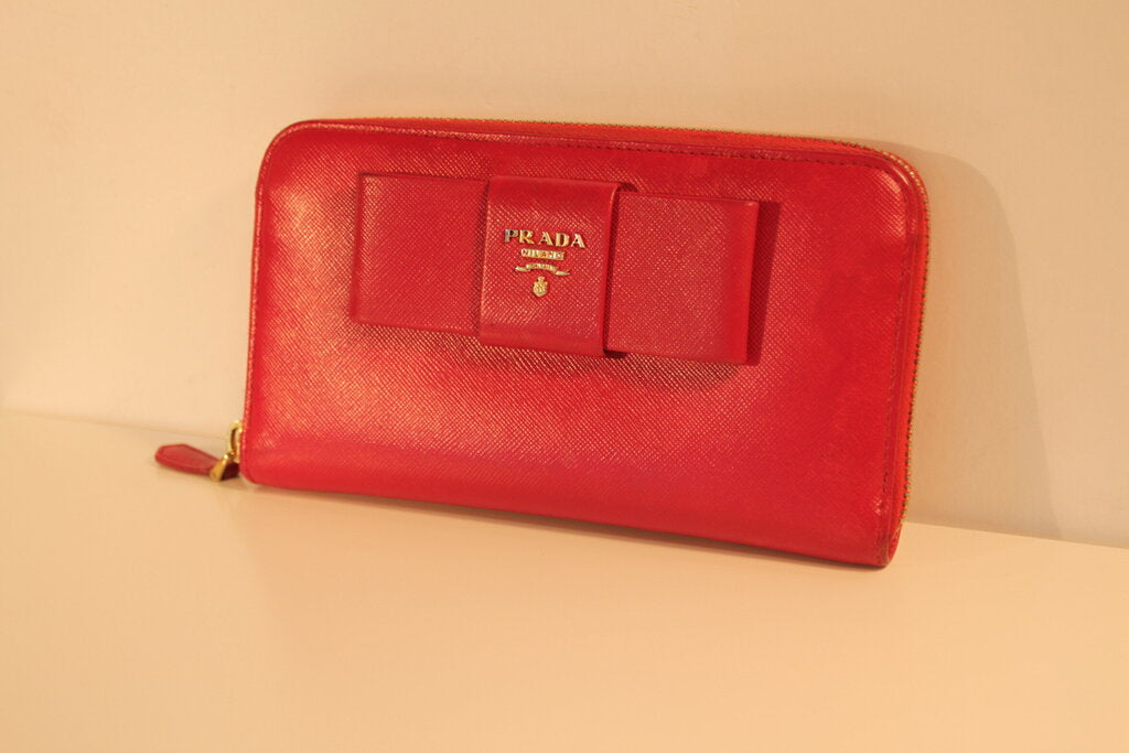 Prada Saffiano Pink Leather Bow Zip Around Wallet