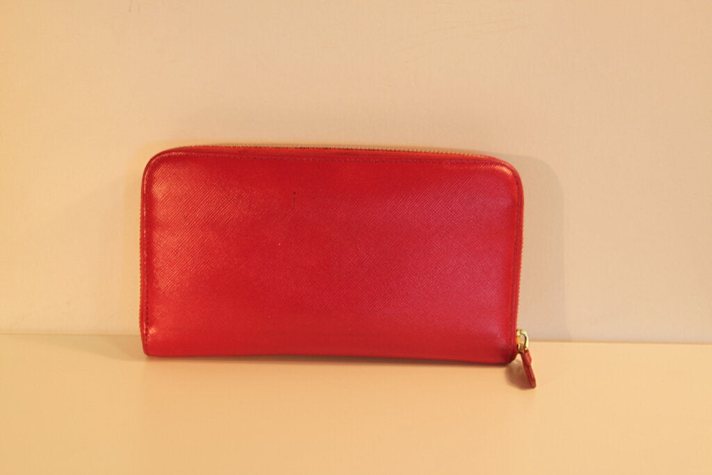 Prada Saffiano Pink Leather Bow Zip Around Wallet