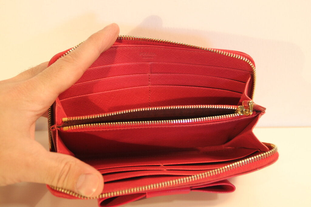 Prada Saffiano Pink Leather Bow Zip Around Wallet