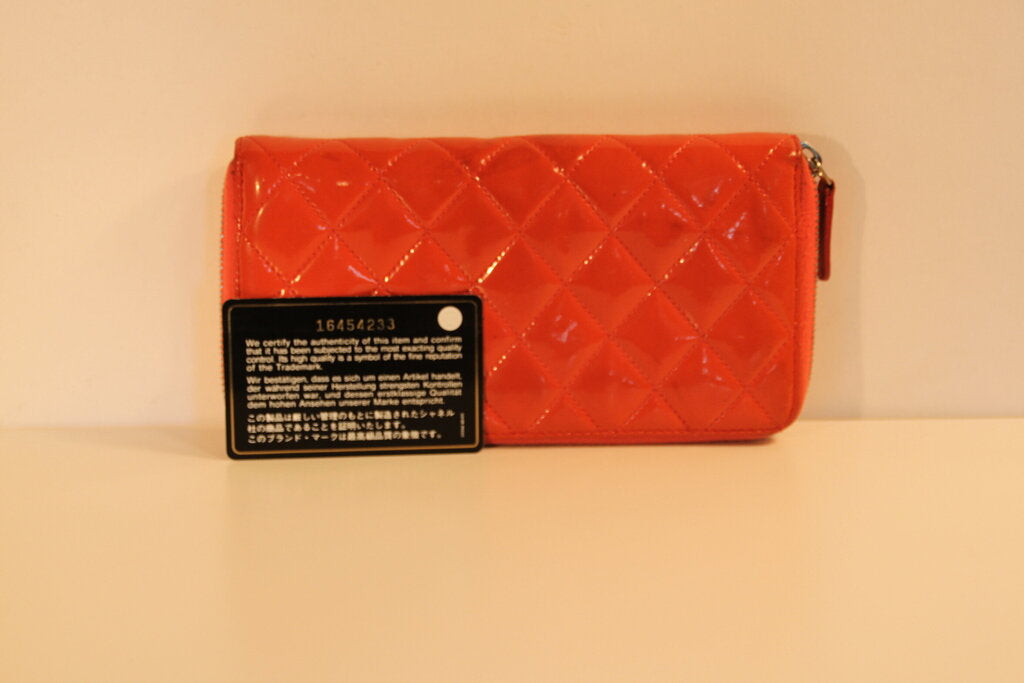 Chanel Quilted Orange-Coral Patent Leather Wallet