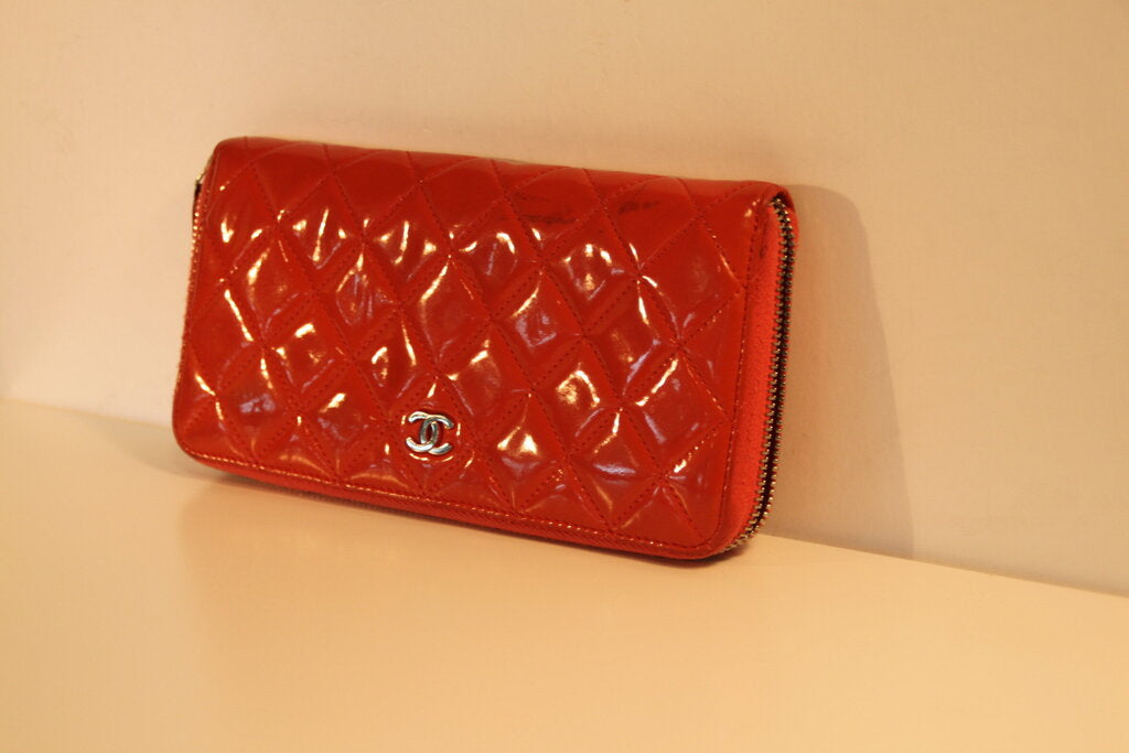 Chanel Quilted Orange-Coral Patent Leather Wallet