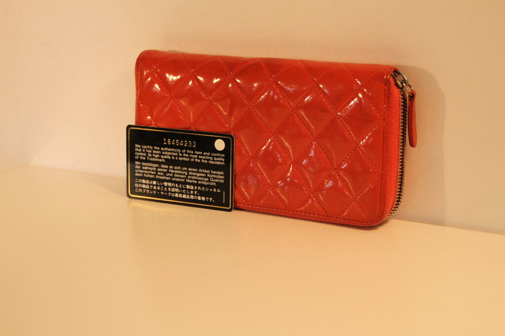 Chanel Quilted Orange-Coral Patent Leather Wallet