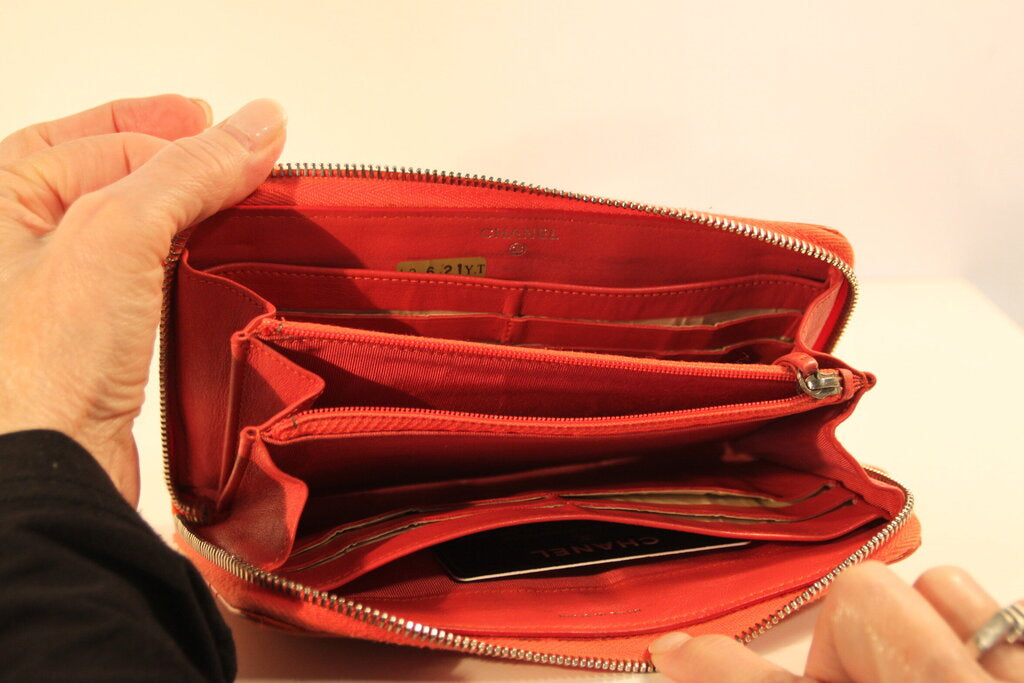 Chanel Quilted Orange-Coral Patent Leather Wallet