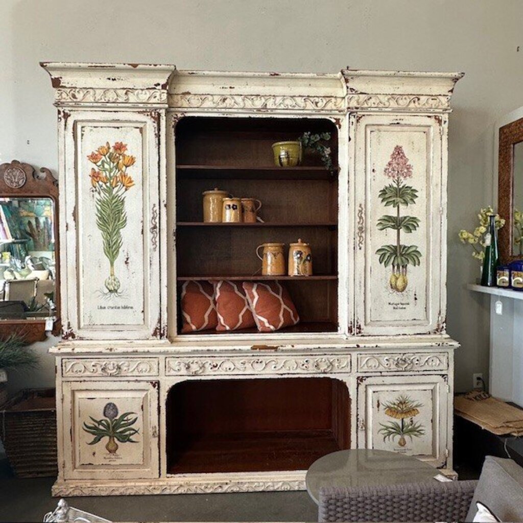 Brazilian Hand Painted Cabinet W/ Botanical Motif- 102X25X105H