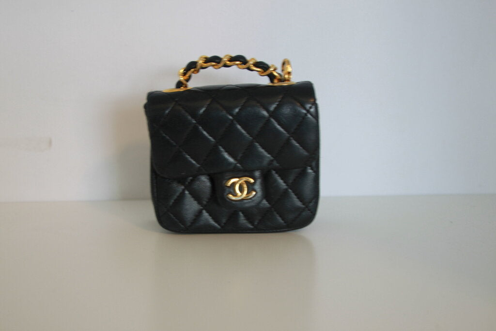 Chanel Vintage CC Black Leather Micro Mini Chain Belt Bag - Gold Hardware
