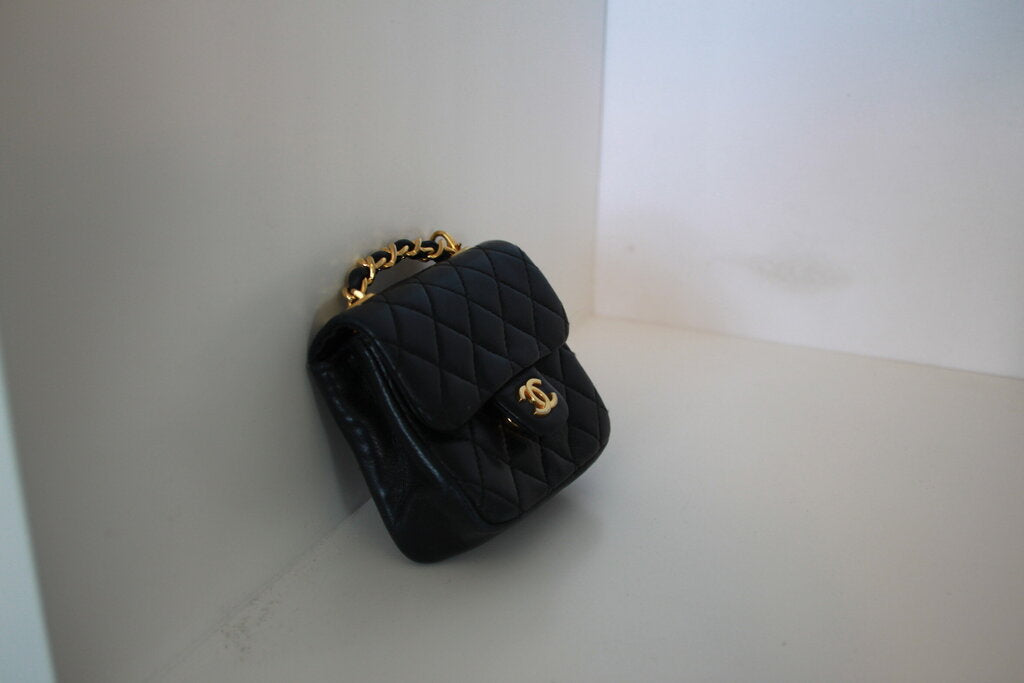 Chanel Vintage CC Black Leather Micro Mini Chain Belt Bag - Gold Hardware