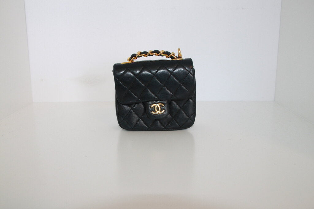 Chanel Vintage CC Black Leather Micro Mini Chain Belt Bag - Gold Hardware