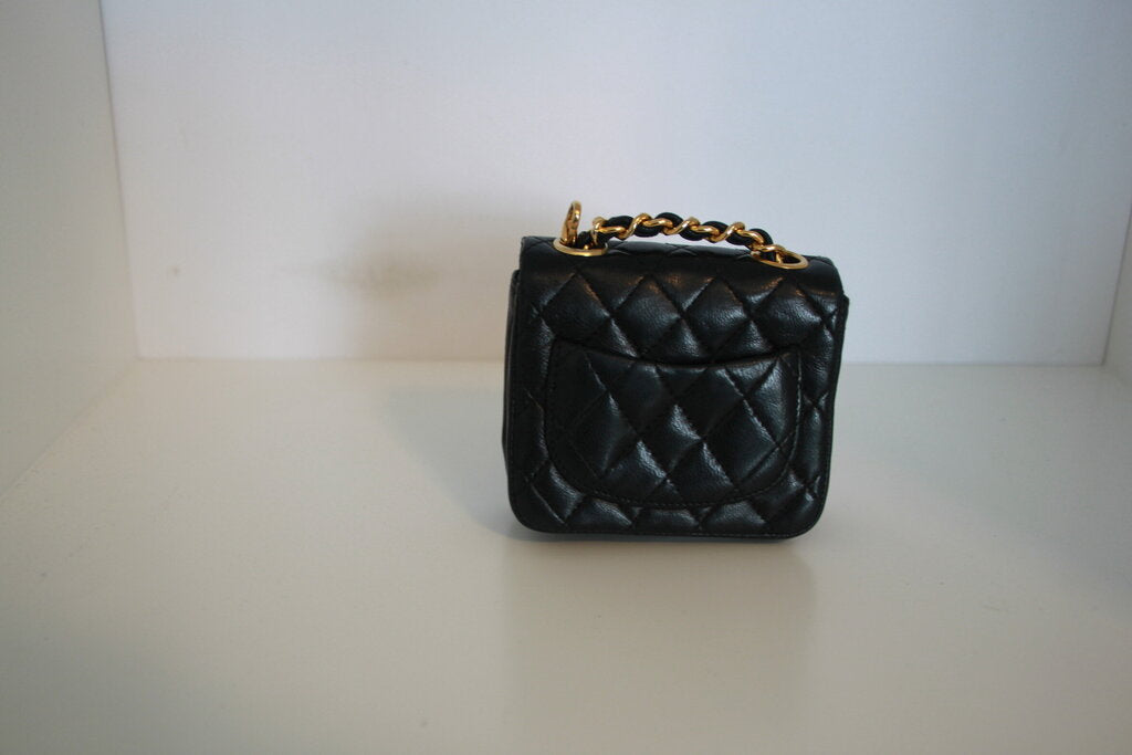 Chanel Vintage CC Black Leather Micro Mini Chain Belt Bag - Gold Hardware