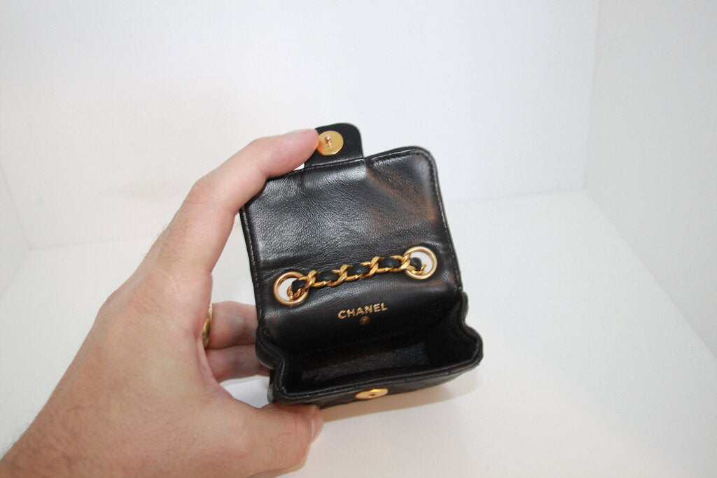 Chanel Vintage CC Black Leather Micro Mini Chain Belt Bag - Gold Hardware