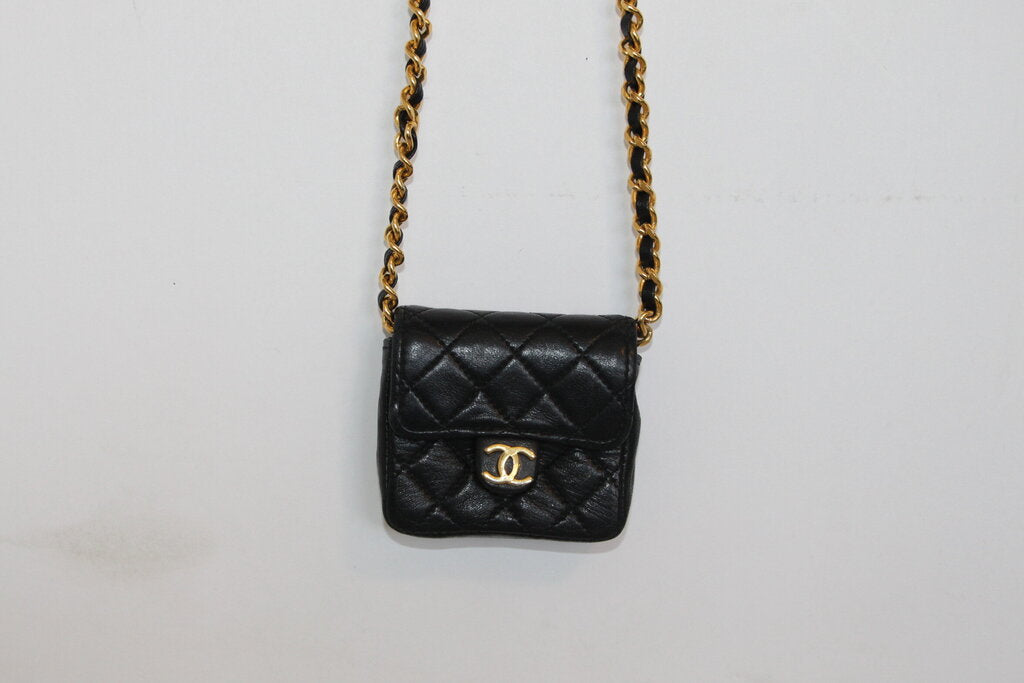 Chanel Vintage Matelasse Black Lambskin Micro Mini Chain Shoulder Bag