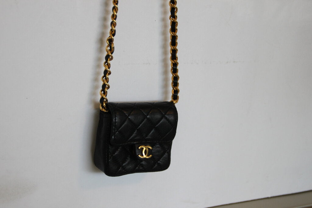 Chanel Vintage Matelasse Black Lambskin Micro Mini Chain Shoulder Bag