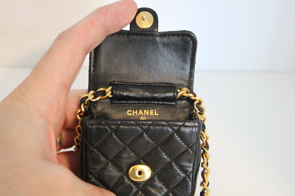 Chanel Vintage Matelasse Black Lambskin Micro Mini Chain Shoulder Bag