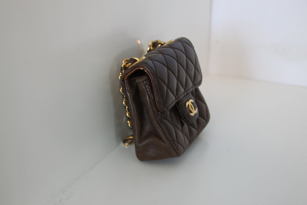 Chanel Vintage Brown Micro Mini Matelasse CC Flap Charm Belt Pouch