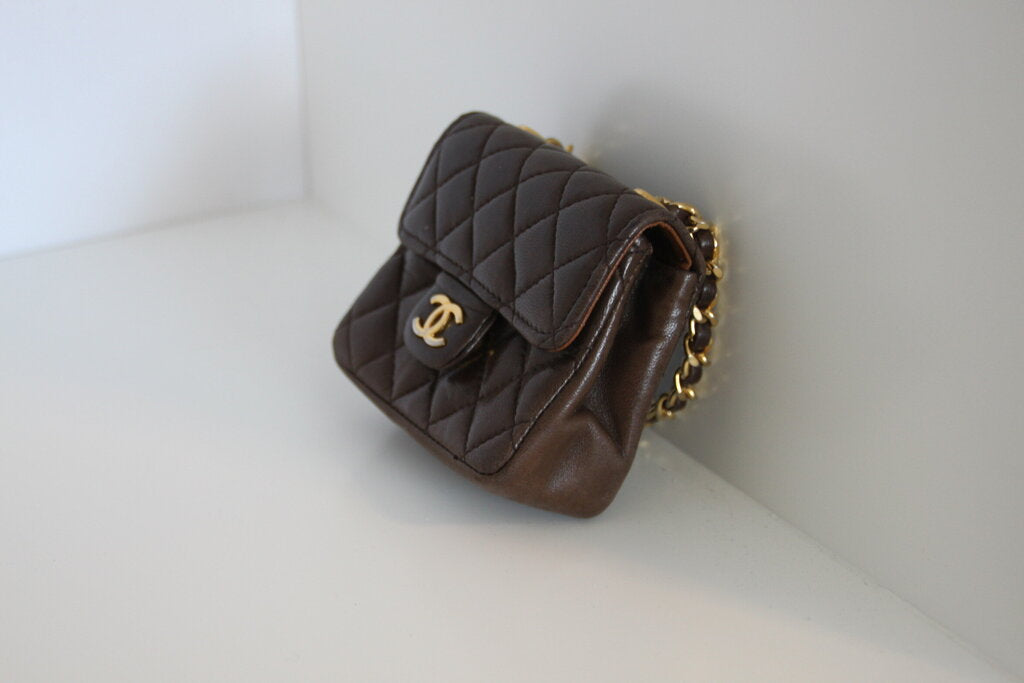 Chanel Vintage Brown Micro Mini Matelasse CC Flap Charm Belt Pouch