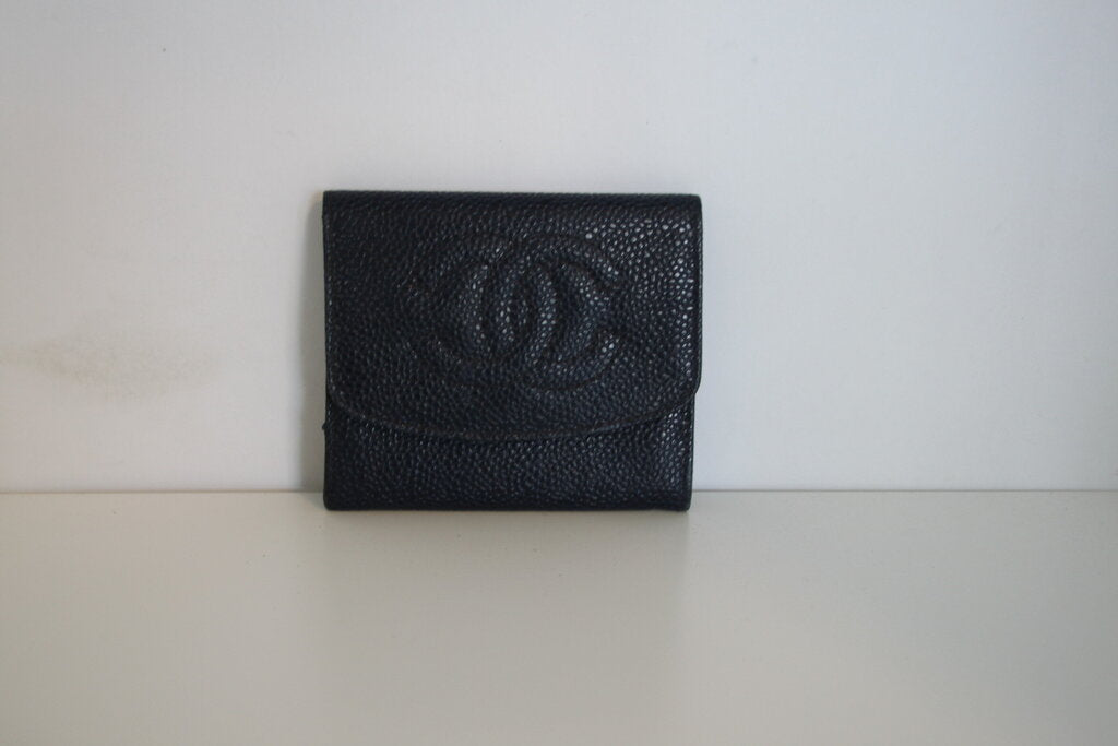 Chanel Vintage CC Logo Compact Flap Wallet - Blue Caviar Leather