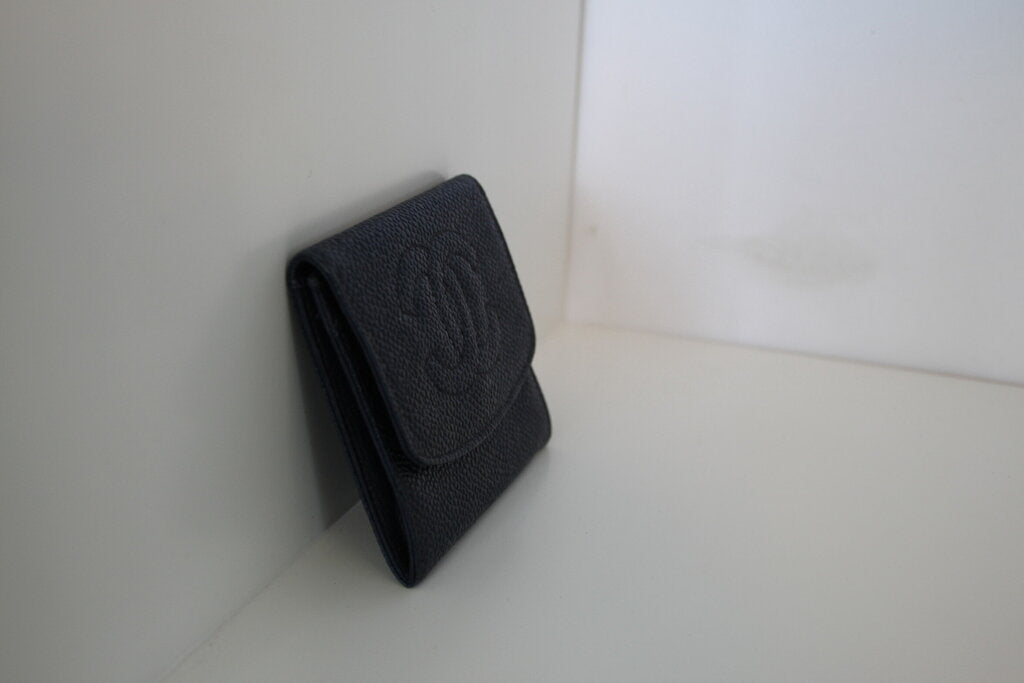 Chanel Vintage CC Logo Compact Flap Wallet - Blue Caviar Leather