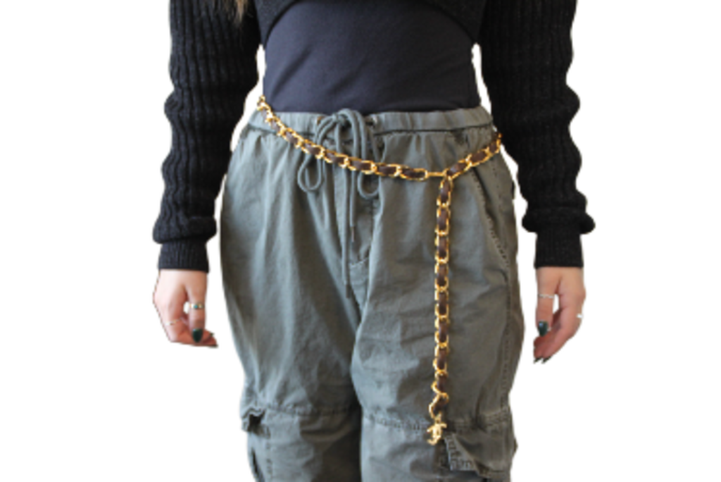 Chanel Vintage Gold Tone Chain Belt W/ Brown Leather - 40"