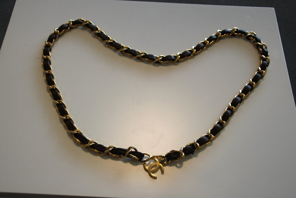 Chanel Vintage Gold Tone Chain Belt W/ Brown Leather - 40"