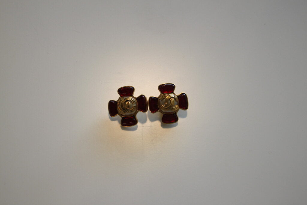 Chanel 1994 Maltese Cross Red Glass Clip-On Earrings