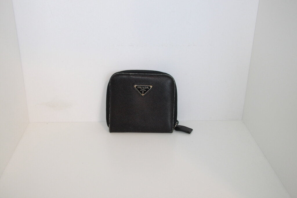 Prada Saffiano Black Leather Bifold Wallet W/ Zip Coin Purse