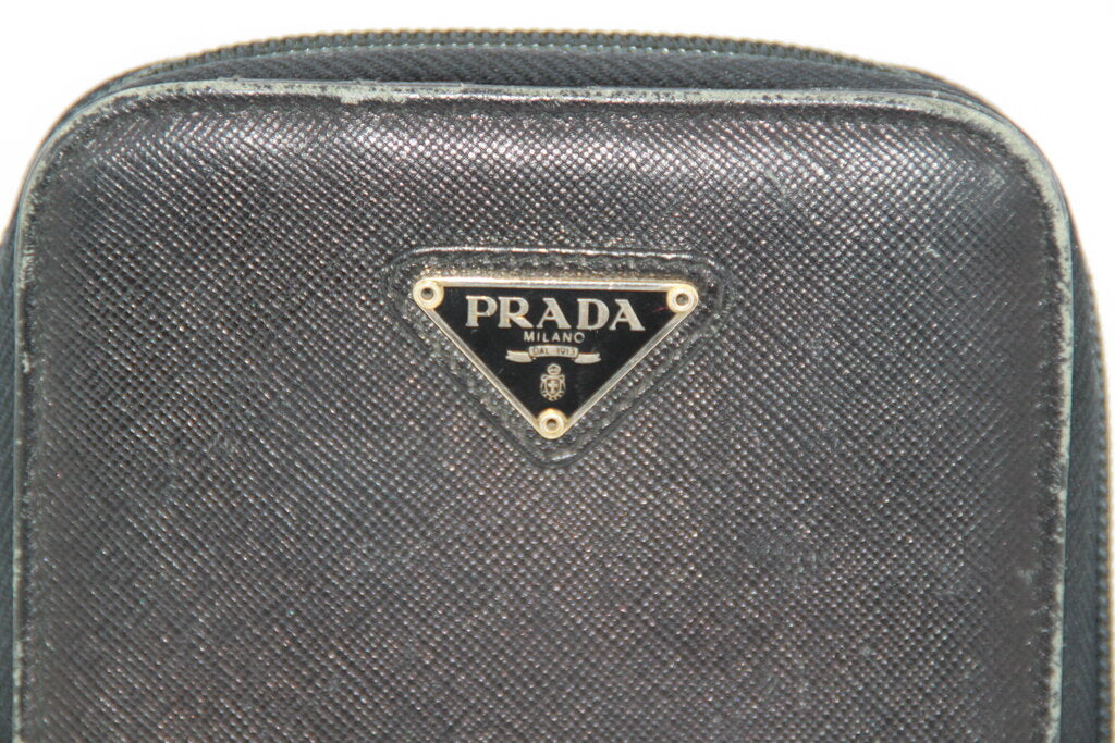 Prada Saffiano Black Leather Bifold Wallet W/ Zip Coin Purse