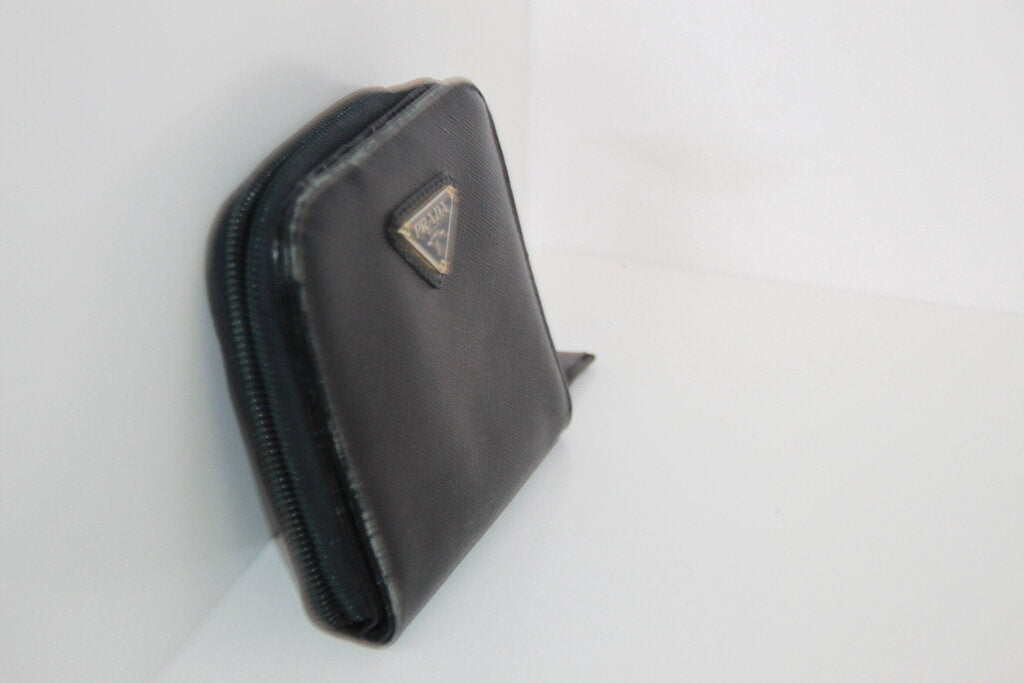 Prada Saffiano Black Leather Bifold Wallet W/ Zip Coin Purse