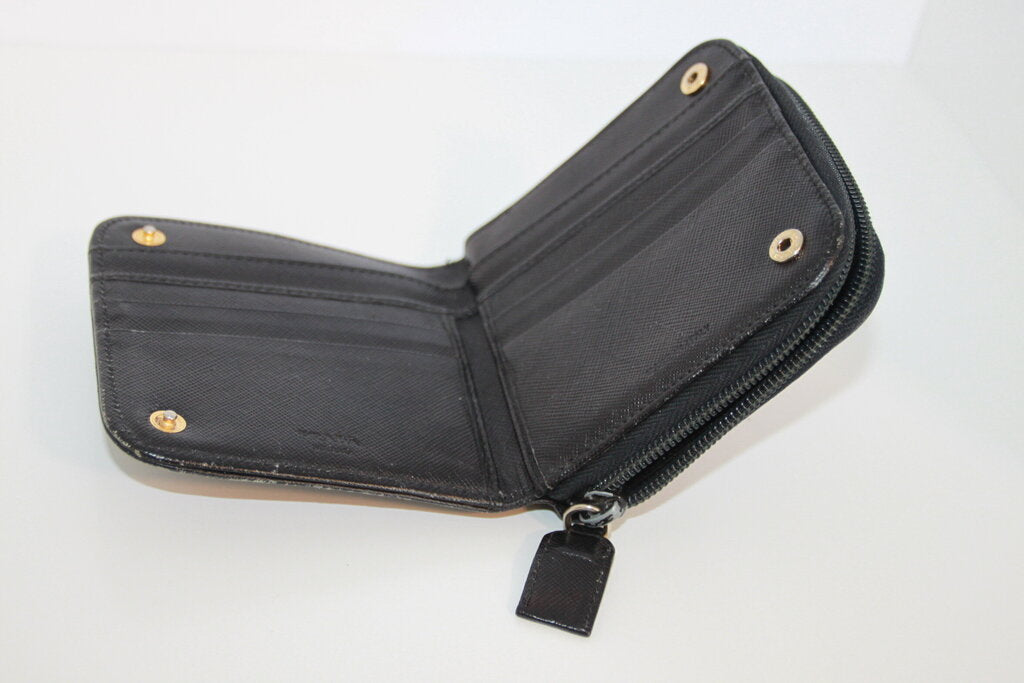 Prada Saffiano Black Leather Bifold Wallet W/ Zip Coin Purse