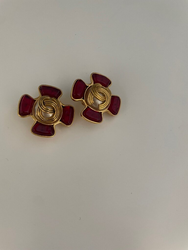 Chanel 1994 Maltese Cross Red Glass Clip-On Earrings