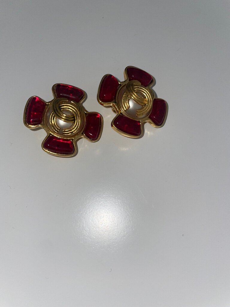 Chanel 1994 Maltese Cross Red Glass Clip-On Earrings