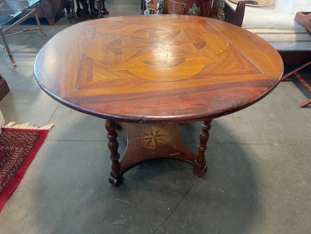 Antique Inlay Round Walnut Dining Table - 30X47H - AS IS