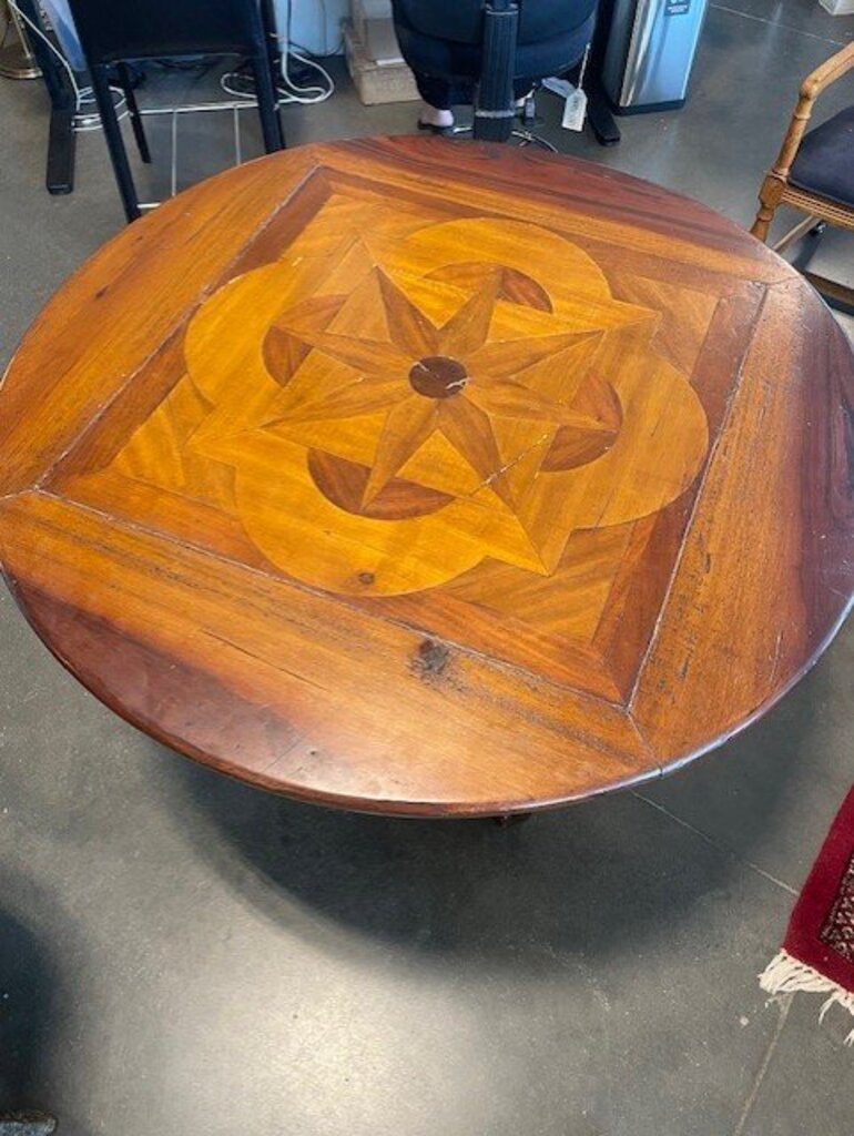 Antique Inlay Round Walnut Dining Table - 30X47H - AS IS