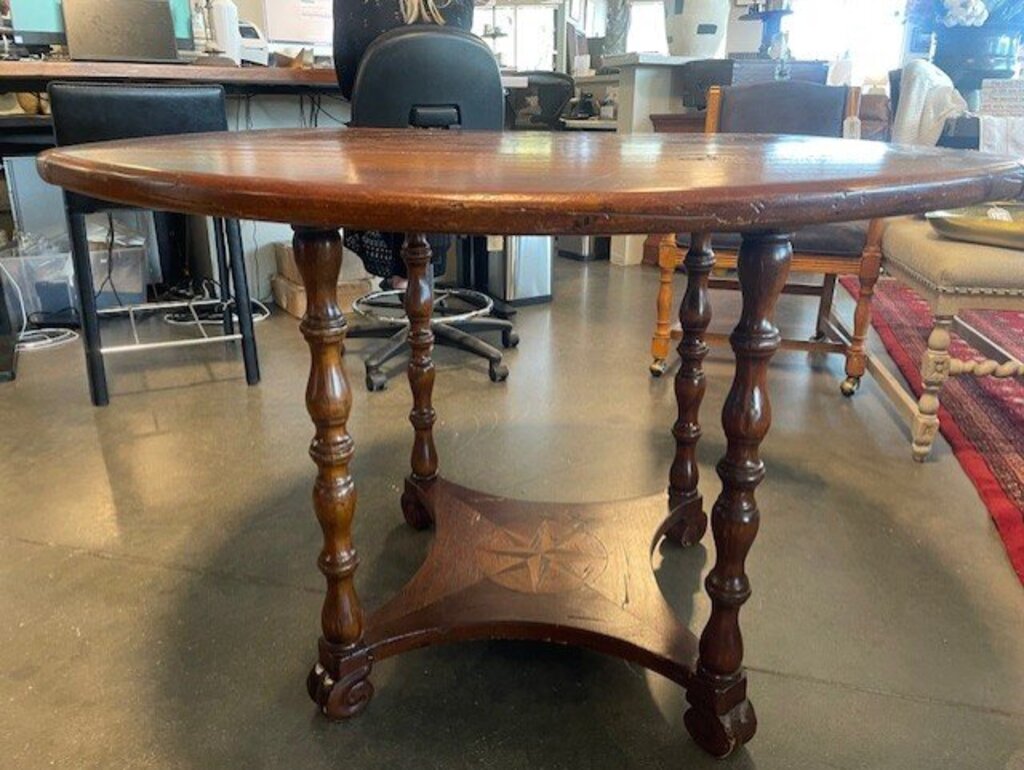 Antique Inlay Round Walnut Dining Table - 30X47H - AS IS